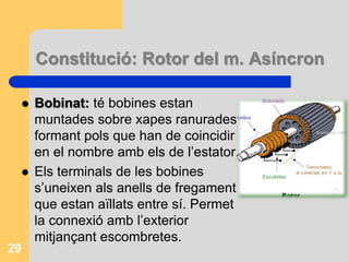 Constitució: Rotor del m. Asíncron
 Bobinat: té bobines estan
muntades sobre xapes ranurades
formant pols que han de coincidir
en el nombre amb els de l’estator.
 Els terminals de les bobines
s’uneixen als anells de fregament
que estan aïllats entre sí. Permet
la connexió amb l’exterior
mitjançant escombretes.
29
 