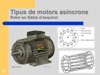Constitució: Rotor del m. AsíncronGàbia d’esquirol:  barres d’Al situades o fusionades sobre les ranures del rotor curtcircuitades  pels seus extrems.No hi ha possibilitat de connexió amb l’exterior.29