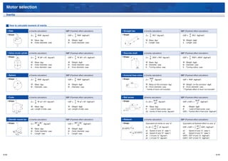Motor selection
   Inertia


         How to calculate moment of inertia

       • Disk                            J (Inertia calculation)         GD2 (Flywheel effect calculation)   • Straight bar                 J (Inertia calculation)                 GD2 (Flywheel effect calculation)
       • Shape                                  1                                  1                         • Shape                               1                                           4
                                           J=     WD2 (kg·cm2)             GD2 =     WD2 (kgf·cm2)                                            J=     WL2 (kg·cm2)                     GD2 =      WL2 (kgf·cm2)
                                                8                                  2                                                               3                                           3
                      D
                                           W : Mass (kg)                   W : Weight (kgf)                                                   W : Mass (kg)                           W : Weight (kgf)
                                                                                                                                  L
                                           D : Outer diameter (cm)         D : Outer diameter (cm)                                            L : Length (cm)                         L : Length (cm)




       • Hollow circular cylinder J (Inertia calculation)                GD2 (Flywheel effect calculation)   • Discrete shaft               J (Inertia calculation)                 GD2 (Flywheel effect calculation)
       • Shape                                  1                                  1                         • Shape                               1                                           1
                          d                J=     W (D2 + d2) (kg·cm2)     GD2 =     W (D2 + d2) (kgf·cm2)                                    J=     WD2 + WS2 (kg·cm2)               GD2 =      WD2 + 4WS2 (kgf·cm2)
                                                8                                  2                                              S                8                                           2
                                           W : Mass (kg)                   W : Weight (kgf)                                                   W : Mass (kg)                           W : Weight (kgf)
                          D                D : Outer diameter (cm)         D : Outer diameter (cm)                                            D : Diameter (cm)                       D : Diameter (cm)
                                           d : Inner diameter (cm)         d : Inner diameter (cm)                                    D       S : Turning radius (cm)                 S : Turning radius (cm)



       • Sphere                          J (Inertia calculation)         GD2 (Flywheel effect calculation)   • Horizontal linear motion J (Inertia calculation)                     GD2 (Flywheel effect calculation)
       • Shape                                  1                                  2                         • Shape                               WD2
                                           J=     WD2 (kg·cm2)             GD2 =     WD2 (kgf·cm2)                                            J=       (kg·cm2)                       GD2 = WD2 (kgf·cm2)
                                                8                                  5                                                                4
                          D                                                                                               W
                                           W : Mass (kg)                   W : Weight (kgf)                       D                           W : Mass on the conveyor (kg)           W : Weight on the conveyor (kgf)
                                           D : Diameter (cm)               D : Diameter (cm)                                                  D : Drum diameter (cm)                  D : Drum diameter (cm)
                                                                                                                                              * Inertia of drum not included          * Flywheel effect of drum not included



       • Cube                            J (Inertia calculation)         GD2 (Flywheel effect calculation)   • Ball screw                   J(Inertia calculation)                  GD2 (Flywheel effect calculation)
       • Shape                                  1                                  1                         • Shape                                     W·P2                                         W·P2
                                           J=     W (a2 + b2) (kg·cm2)     GD2 =     W (a2 + b2) (kgf·cm2)                                    J = JA +        (kg·cm2)                GD2 = GD2A +         (kgf·cm2)
                                                8                                  3                                                                     4π2                                           π2
                                                                                                                              W
                                    c      W : Mass (kg)                   W : Weight (kgf)                                                   W : Mass (kg)                           W    : Weight (kgf)
                                           a.b : Length of side (cm)       a.b : Length of side (cm)                                          P : Lead of feed screw (cm)             P    : Lead of feed screw (cm)
                                                                                                              P
                  a           b                                                                                                               JA : Inertia of feed screw (kg·cm2)     GD2A : Flywheel effect of feed screw (kgf·cm2)



       • Slender round bar               J (Inertia calculation)         GD2 (Flywheel effect calculation)   • Reducer                      J (Inertia calculation)                 GD2 (Flywheel effect calculation)
       • Shape                                  3D2 + 4L2                          3D2 + 4L2                 • Shape                          Equivalent all inertia on axis “a”      Equivalent all flywheel effect on axis “a”
                                           J=             (kg·cm2)         GD2 =             (kgf·cm2)
                                                   48                                 12                                                                 n2 2                                           n2 2
                                           W : Mass (kg)                   W : Weight (kgf)                  J1 (GD21)
                                                                                                                         a n1                 J = J1 +   ( )
                                                                                                                                                         n1
                                                                                                                                                                J2 (kg·cm2)           GD2 = GD21 +    ( )
                                                                                                                                                                                                        n1
                                                                                                                                                                                                             GD22 (kgf·cm2)

              D                            D : Outer diameter (cm)         D : Outer diameter (cm)                                            n1 : Speed of axis “a” (min–1)          n1   : Speed of axis “a” (min–1)
                                                                                                                         n2           2
                                  L/ 2
                                           L : Length (cm)                 L : Length (cm)                                    b J2 (GD 2)     n2 : Speed of axis “b” (min–1)          n2   : Speed of axis “b” (min–1)
                          L/ 2
                                                                                                                                              J1 : J of axis “a” (kg·cm2)             GD21 : GD2 of axis “a” (kgf·cm2)
                                                                                                                                              J2 : J of axis “b” (kg·cm2)             GD22 : GD2 of axis “b” (kgf·cm2)




A-52                                                                                                                                                                                                                               A-53
 