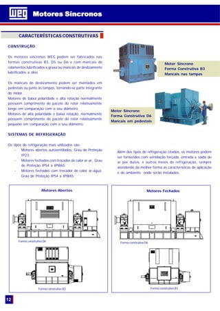 Motores SíncronosMotores Síncronos
12
CARACTERÍSTICAS CONSTRUTIVAS
CONSTRUÇÃO
Os motores síncronos WEG podem ser fabricados nas
formas construtivas B3, D5 ou D6 e com mancais de
rolamentos lubrificados a graxa ou mancais de deslizamento
lubrificados a óleo.
Os mancais de deslizamento podem ser montados em
pedestais ou junto às tampas, tornando-se parte integrante
do motor.
Motores de baixa polaridade e alta rotação normalmente
possuem comprimento do pacote do rotor relativamente
longo em comparação com o seu diâmetro
Motores de alta polaridade e baixa rotação, normalmente
possuem comprimento do pacote do rotor relativamente
pequeno em comparação com o seu diâmetro.
SISTEMAS DE REFRIGERAÇÃO
Os tipos de refrigeração mais utilizados são:
- Motores abertos autoventilados, Grau de Proteção
IP23;
- Motores fechados com trocador de calor ar-ar, Grau
de Proteção IP54 a IPW65;
- Motores fechados com trocador de calor ar-água,
Grau de Proteção IP54 a IPW65.
Motor Síncrono
Forma Construtiva D6
Mancais em pedestais
Motor Síncrono
Forma Construtiva B3
Mancais nas tampas
Forma construtiva B3
Forma construtiva D6 Forma construtiva D6
Forma construtiva B3
Além dos tipos de refrigeração citados, os motores podem
ser fornecidos com ventilação forçada, entrada e saída de
ar por dutos, e outros meios de refrigeração, sempre
atendendo da melhor forma as características de aplicação
e do ambiente onde serão instalados.
Motores Abertos Motores Fechados
 