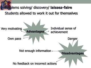 Problems solving/ discovery/ laissez-faire
Individual sense of
achievement
Very motivating
Own pace
Not enough information
No feedback on incorrect actions
Danger
Students allowed to work it out for themselves
Advantages
Disadvantages
 