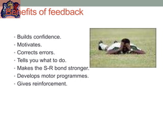 Benefits of feedback
• Builds confidence.
• Motivates.
• Corrects errors.
• Tells you what to do.
• Makes the S-R bond stronger.
• Develops motor programmes.
• Gives reinforcement.
 