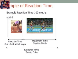 Example of Reaction Time
Reaction Time
Gun –Just about to go
Movement Time
Start to Finish
Response Time
Gun to finish
Example Reaction Time 100 metre
sprint
 