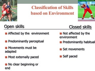 Classification of Skills
based on Environment
Open skills Closed skills
 Affected by the environment
 Predominantly perceptual
 Movements must be
adapted
 Most externally paced
 No clear beginning or
end
 Not affected by the
environment
 Predominantly habitual
 Set movements
 Self paced
 