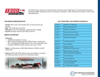 The IZOD IndyCar Series is the premier level of American open wheel racing. The series was founded by
                                      Indianapolis Motor Speedway owner Tony George, and began in 1996. Sanctioned by IndyCar. Home of the
                                      Indianapolis 500.




FAN BASE DEMOGRAPHICS                                                              2011 IZOD INDY CAR SERIES SCHEDULE

• Gender: 68% male / 32% female (33% of most avid fans are                    3/27/2011      Streets of St. Petersburg
  women)                                                                      4/10/2011      Barber Motorsports Park
• Age: 73% of IRL fans are 25-54
• Education: 63% have attended or graduated from college                      4/17/2011      Streets of Long Beach
• Income: Average income is $75,000 per annum
                                                                              5/1/2011       Streets of Sao Paulo, Brazil

MEDIA COVERAGE                                                                5/29/2011      Indianapolis Motor Speedway

                                                                              6/11/2011      Texas Motor Speedway
• Television:
   • VERSUS broadcasts 12 races
   • ABC broadcast (partnering with ESPN) 5 races, including the              6/19/2011      The Milwaukee Mile
      2011 Indianapolis 500 Mile Race (for the 47th consecutive year)
                                                                              6/25/2011      Iowa Speedway
   • Average of 366,000 viewers tuned in per event in 2010
                                                                              7/10/2011      Streets of Toronto
• Radio: Live Broadcast on IMS Radio Network, SIRIUS and XM                   7/24/2011      Edmonton City Centre Airport
  Channel 94
                                                                              8/7/2011       Mid-Ohio Sports Car Course
• Internet: INDYCAR.COM, offering news and statistics, as well as             8/14/2011      New Hampshire Motor Speedway
  live streaming video and other rich multimedia content
                                                                              8/28/2011      Infineon Raceway

                                                                              9/4/2011       Streets of Baltimore

                                                                              9/17/2011      Twin Ring Motegi, Japan
                                                                              10/2/2011      Kentucky Speedway

                                                                              10/16/2011     Las Vegas Motor Speedway




                                                                                                          e o1 Eo1 Solutions Corporation
                                                                                                                        We Focus on Solutions!
 