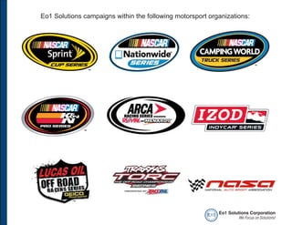 Eo1 Solutions campaigns within the following motorsport organizations:




                                                       e o1 Eo1 Solutions Corporation
                                                                     We Focus on Solutions!
 