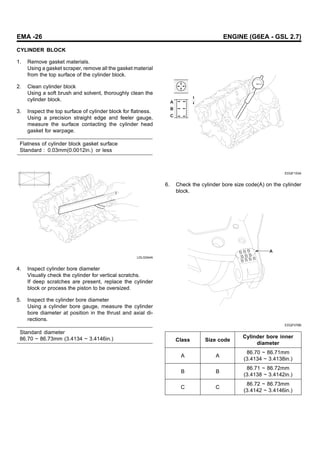 EMA -26 ENGINE (G6EA - GSL 2.7)
CYLINDER BLOCK
1. Remove gasket materials.
Using a gasket scraper, remove all the gasket material
from the top surface of the cylinder block.
2. Clean cylinder block
Using a soft brush and solvent, thoroughly clean the
cylinder block.
3. Inspect the top surface of cylinder block for flatness.
Using a precision straight edge and feeler gauge,
measure the surface contacting the cylinder head
gasket for warpage.
Flatness of cylinder block gasket surface
Standard : 0.03mm(0.0012in.) or less
LDLG044A
4. Inspect cylinder bore diameter
Visually check the cylinder for vertical scratchs.
If deep scratches are present, replace the cylinder
block or process the piston to be oversized.
5. Inspect the cylinder bore diameter
Using a cylinder bore gauge, measure the cylinder
bore diameter at position in the thrust and axial di-
rections.
Standard diameter
86.70 ~ 86.73mm (3.4134 ~ 3.4146in.)
A
B
C
EDQF153A
6. Check the cylinder bore size code(A) on the cylinder
block.
A
EDQF078B
Class Size code
Cylinder bore inner
diameter
A A
86.70 ~ 86.71mm
(3.4134 ~ 3.4138in.)
B B
86.71 ~ 86.72mm
(3.4138 ~ 3.4142in.)
C C
86.72 ~ 86.73mm
(3.4142 ~ 3.4146in.)
 