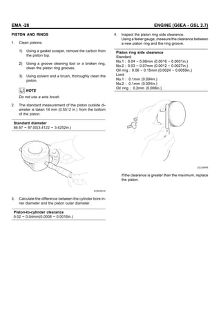 EMA -28 ENGINE (G6EA - GSL 2.7)
PISTON AND RINGS
1. Clean pistons.
1) Using a gasket scraper, remove the carbon from
the piston top.
2) Using a groove cleaning tool or a broken ring,
clean the piston ring grooves.
3) Using solvent and a brush, thoroughly clean the
piston.
NOTE
Do not use a wire brush.
2. The standard measurement of the piston outside di-
ameter is taken 14 mm (0.5512 in.) from the bottom
of the piston.
Standard diameter
86.67 ~ 87.00(3.4122 ~ 3.4252in.)
ECKD001D
3. Calculate the difference between the cylinder bore in-
ner diameter and the piston outer diameter.
Piston-to-cylinder clearance
0.02 ~ 0.04mm(0.0008 ~ 0.0016in.)
4. Inspect the piston ring side clearance.
Using a feeler gauge, measure the clearance between
a new piston ring and the ring groove.
Piston ring side clearance
Standard
No.1 : 0.04 ~ 0.08mm (0.0016 ~ 0.0031in.)
No.2 : 0.03 ~ 0.07mm (0.0012 ~ 0.0027in.)
Oil ring : 0.06 ~ 0.15mm (0.0024 ~ 0.0059in.)
Limit
No.1 : 0.1mm (0.004in.)
No.2 : 0.1mm (0.004in.)
Oil ring : 0.2mm (0.008in.)
LDLG045A
If the clearance is greater than the maximum, replace
the piston.
 