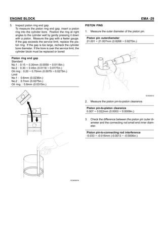 ENGINE BLOCK EMA -29
5. Inspect piston ring end gap.
To measure the piston ring end gap, insert a piston
ring into the cylinder bore. Position the ring at right
angles to the cylinder wall by gently pressing it down
with a piston. Measure the gap with a feeler gauge.
If the gap exceeds the service limit, replace the pis-
ton ring. If the gap is too large, recheck the cylinder
bore diameter. If the bore is over the service limit, the
cylinder block must be replaced or bored
Piston ring end gap
Standard
No.1 : 0.15 ~ 0.30mm (0.0059 ~ 0.0118in.)
No.2 : 0.30 ~ 0.45m (0.0118 ~ 0.0177in.)
Oil ring : 0.20 ~ 0.70mm (0.0079 ~ 0.0275in.)
Limit
No.1 : 0.6mm (0.0236in.)
No.2 : 0.7mm (0.0275in.)
Oil ring : 0.8mm (0.0315in.)
ECKD001K
PISTON PINS
1. Measure the outer diameter of the piston pin.
Piston pin outerdiameter
21.001 ~ 21.007mm (0.8268 ~ 0.8270in.)
ECKD001Z
2. Measure the piston pin-to-piston clearance.
Piston pin-to-piston clearance
0.007 ~ 0.022mm (0.0003 ~ 0.0009in.)
3. Check the difference between the piston pin outer di-
ameter and the connecting rod small end inner diam-
eter.
Piston pin-to-connecting rod interference
-0.033 ~ -0.016mm (-0.0013 ~ -0.0006in.)
 