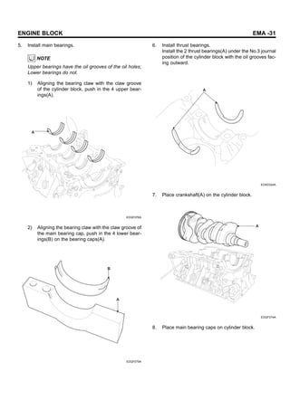 ENGINE BLOCK EMA -31
5. Install main bearings.
NOTE
Upper bearings have the oil grooves of the oil holes;
Lower bearings do not.
1) Aligning the bearing claw with the claw groove
of the cylinder block, push in the 4 upper bear-
ings(A).
A
EDQF076A
2) Aligning the bearing claw with the claw groove of
the main bearing cap, push in the 4 lower bear-
ings(B) on the bearing caps(A).
B
A
EDQF079A
6. Install thrust bearings.
Install the 2 thrust bearings(A) under the No.3 journal
position of the cylinder block with the oil grooves fac-
ing outward.
A
ECKD324A
7. Place crankshaft(A) on the cylinder block.
A
EDQF074A
8. Place main bearing caps on cylinder block.
 