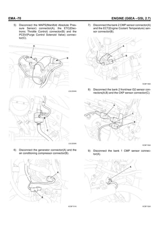 EMA -70 ENGINE (G6EA - GSL 2.7)
5) Disconnect the MAPS(Manifold Absolute Pres-
sure Sensor) connector(A), the ETC(Elec-
tronic Throttle Control) connector(B) and the
PCSV(Purge Control Solenoid Valve) connec-
tor(C).
A
B
LDLG034A
C
LDLG035A
6) Disconnect the generator connector(A) and the
air conditioning compressor connector(B).
A
B
KCBF151A
7) Disconnect the bank 2 CMP sensor connector(A)
and the ECT(Engine Coolant Temperature) sen-
sor connector(B).
A
B
KCBF155A
8) Disconnect the bank 2 front/rear O2 sensor con-
nectors(A,B) and the CKP sensor connector(C).
A
C
B
KCBF154A
9) Disconnect the bank 1 CMP sensor connec-
tor(A).
A
KCBF152A
 