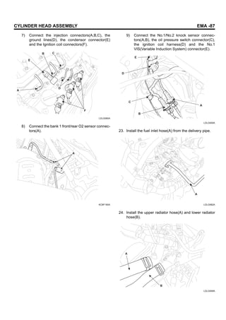 CYLINDER HEAD ASSEMBLY EMA -87
7) Connect the injection connectors(A,B,C), the
ground lines(D), the condensor connector(E)
and the Ignition coil connectors(F).
C
F
D
B
E
A
LDLG060A
8) Connect the bank 1 front/rear O2 sensor connec-
tors(A).
A
KCBF160A
9) Connect the No.1/No.2 knock sensor connec-
tors(A,B), the oil pressure switch connector(C),
the ignition coil harness(D) and the No.1
VIS(Variable Induction System) connector(E).
A
B
C
D
E
LDLG005A
23. Install the fuel inlet hose(A) from the delivery pipe.
A
LDLG062A
24. Install the upper radiator hose(A) and lower radiator
hose(B).
A
B
LDLG008A
 