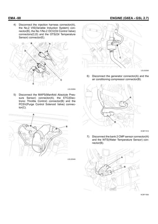 EMA -98 ENGINE (G6EA - GSL 2.7)
4) Disconnect the injection harness connector(A),
the No.2 VIS(Variable Induction System) con-
nector(B), the No.1/No.2 OCV(Oil Control Valve)
connectors(C,D) and the OTS(Oil Temperature
Sensor) connector(E).
A
C
B
D
E
LDLG006A
5) Disconnect the MAPS(Manifold Absolute Pres-
sure Sensor) connector(A), the ETC(Elec-
tronic Throttle Control) connector(B) and the
PCSV(Purge Control Solenoid Valve) connec-
tor(C).
A
B
LDLG034A
C
LDLG035A
6) Disconnect the generator connector(A) and the
air conditioning compressor connector(B).
A
B
KCBF151A
7) Disconnect the bank 2 CMP sensor connector(A)
and the WTS(Water Temperature Sensor) con-
nector(B).
A
B
KCBF155A
 
