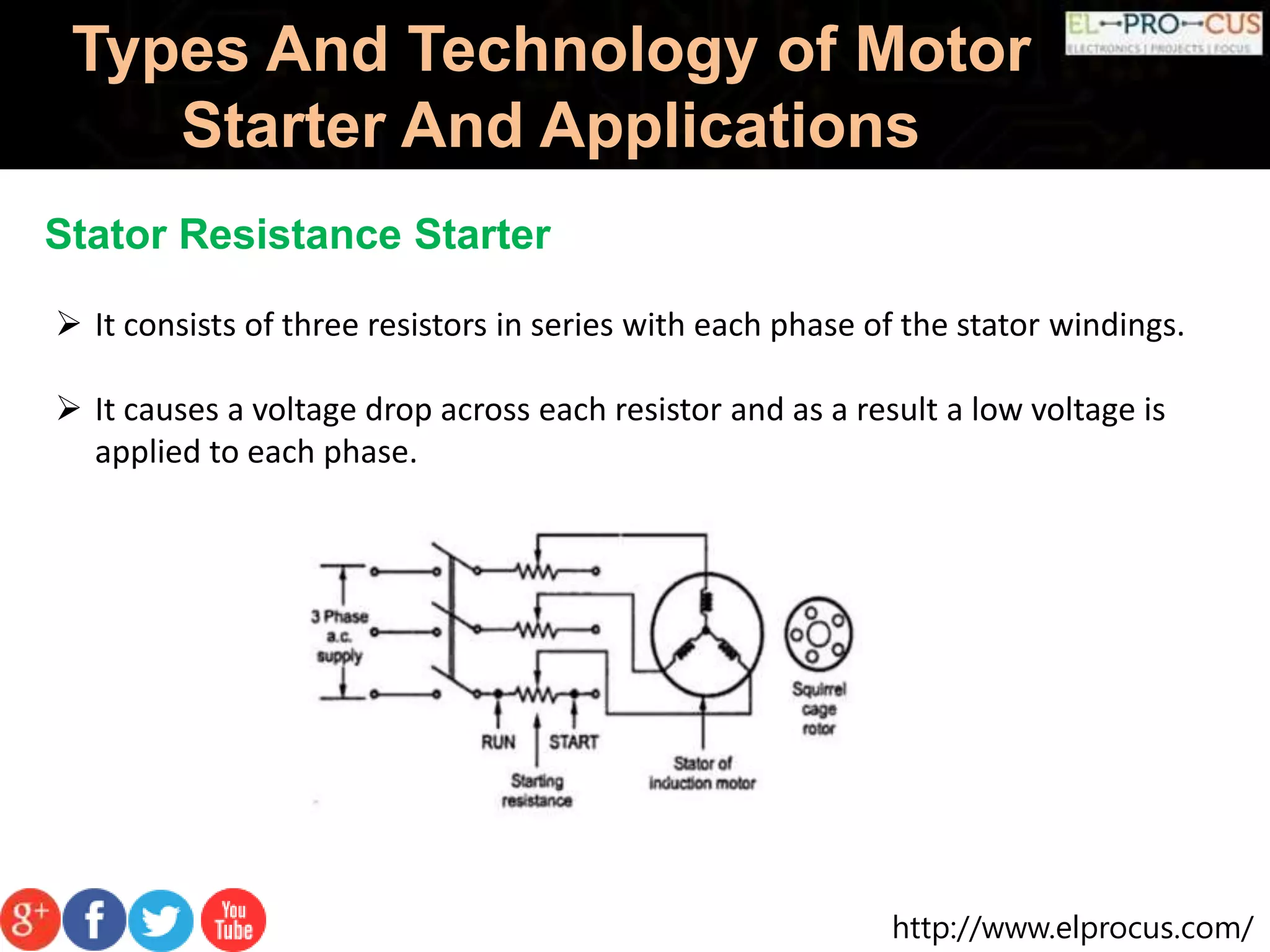 http://www.elprocus.com/
Types And Technology of Motor
Starter And Applications
Stator Resistance Starter
 It consists of three resistors in series with each phase of the stator windings.
 It causes a voltage drop across each resistor and as a result a low voltage is
applied to each phase.
 