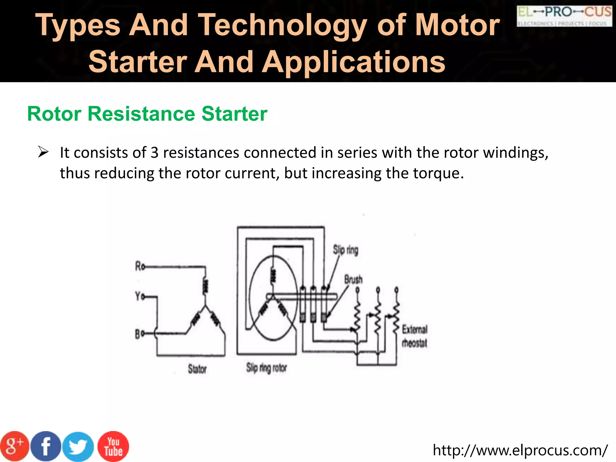 http://www.elprocus.com/
Types And Technology of Motor
Starter And Applications
Rotor Resistance Starter
 It consists of 3 resistances connected in series with the rotor windings,
thus reducing the rotor current, but increasing the torque.
 