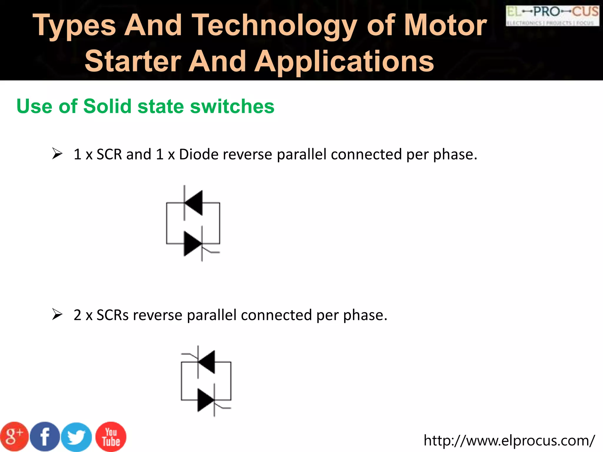 http://www.elprocus.com/
Types And Technology of Motor
Starter And Applications
Use of Solid state switches
 1 x SCR and 1 x Diode reverse parallel connected per phase.
 2 x SCRs reverse parallel connected per phase.
 