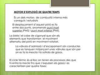 MOTOR D’EXPLOSIÓ DE QUATRE TEMPS

   És un dels motors de combustió interna més
   coneguts i estudiats
  El desplaçament d’aquest pistó es fa
  entre dos punts, anomenats punt mort
  superior (PMS) i punt mort inferior (PMI).

La biela i el colze de cigonyal que són els
elements que transformen el moviment
alternatiu del pistó en moviment rotatori.
     La vàlvula d’admissió i d’escapament són conductes
     que es tanquen mitjançant unes vàlvules que són per
     on es fa la mescla i la sotirda de gasos.


El cicle tèrmic és el lloc on tenen els processos des que
hi entra la mecla fins que s’expulsen els gasos i es
caracteritzen per quatre fases:
 