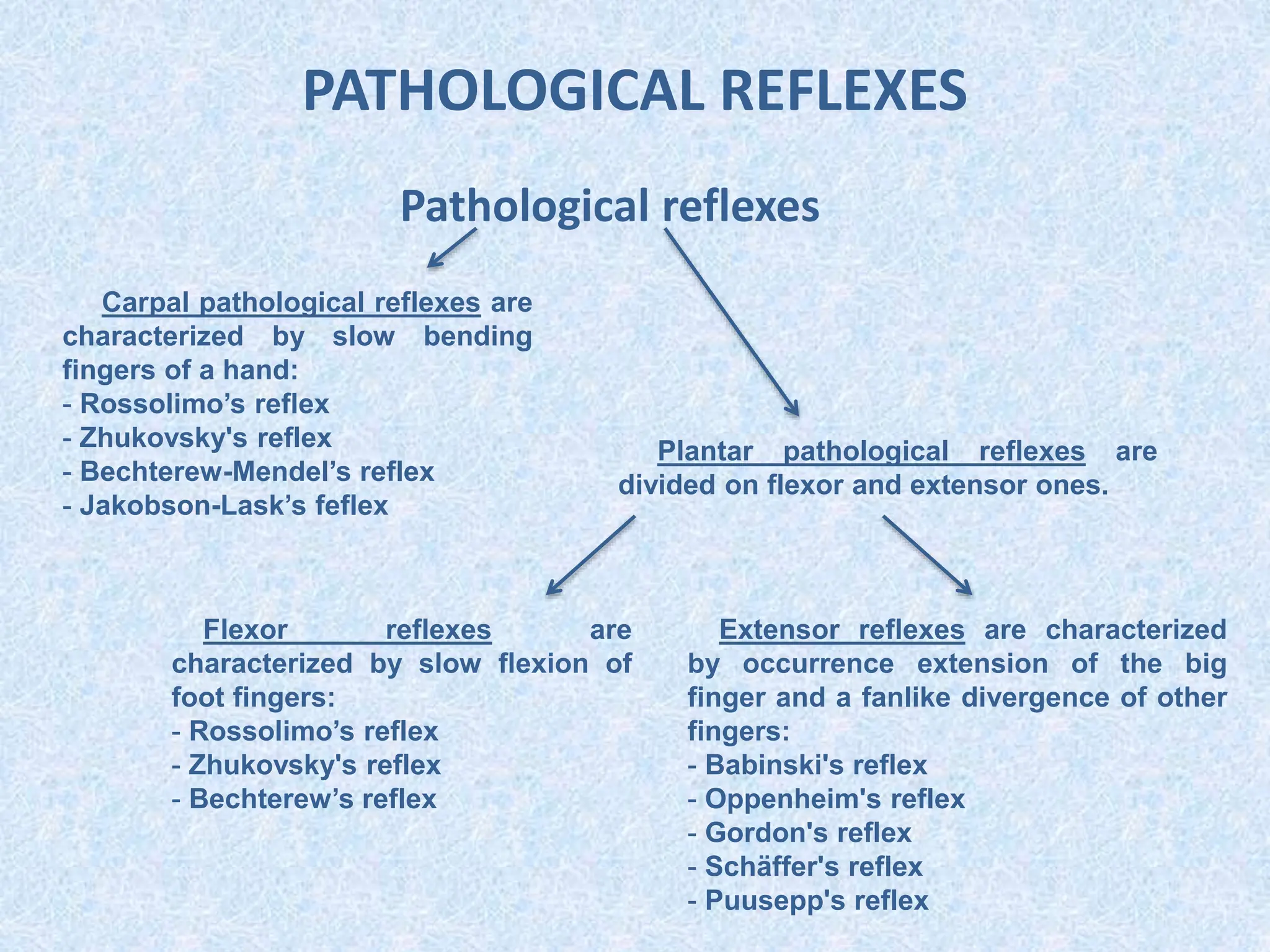 PATHOLOGICAL REFLEXES
Pathological reflexes
Carpal pathological reflexes are
characterized by slow bending
fingers of a hand:
- Rossolimo’s reflex
- Zhukovsky's reflex
- Bechterew-Mendel’s reflex
- Jakobson-Lask’s feflex
Plantar pathological reflexes are
divided on flexor and extensor ones.
Flexor reflexes are
characterized by slow flexion of
foot fingers:
- Rossolimo’s reflex
- Zhukovsky's reflex
- Bechterew’s reflex
Extensor reflexes are characterized
by occurrence extension of the big
finger and a fanlike divergence of other
fingers:
- Babinski's reflex
- Oppenheim's reflex
- Gordon's reflex
- Schäffer's reflex
- Puusepp's reflex
 