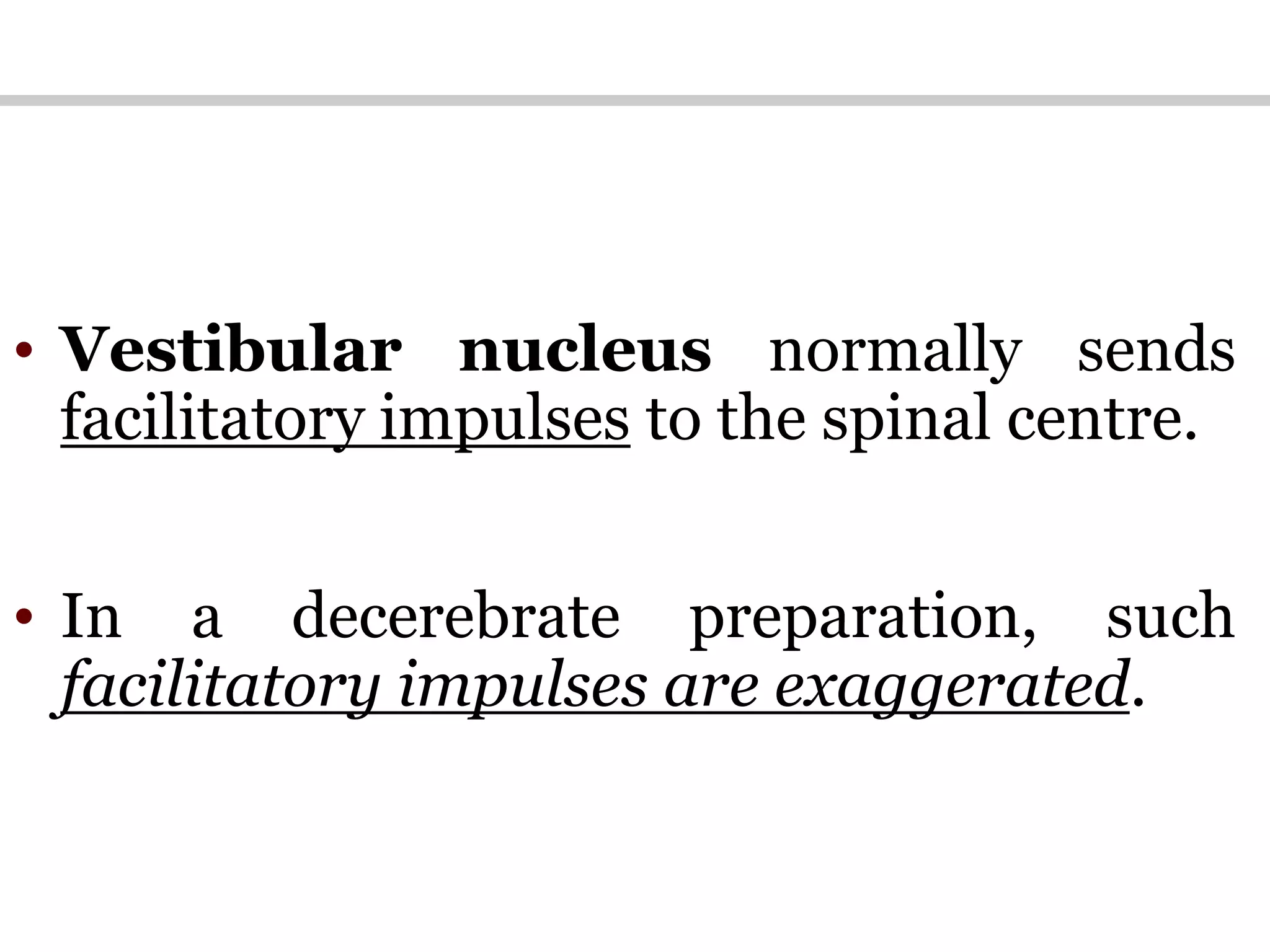 • Vestibular nucleus normally sends
facilitatory impulses to the spinal centre.
• In a decerebrate preparation, such
facilitatory impulses are exaggerated.
 