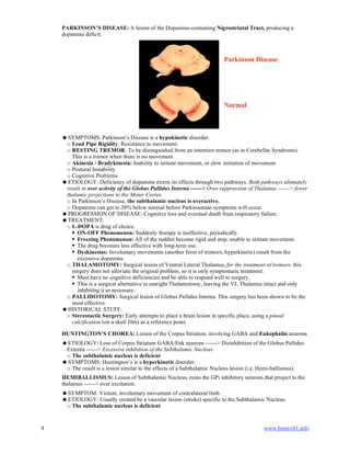 8 www.brain101.info
PARKINSON’S DISEASE: A lesion of the Dopamine-containing Nigrostriatal Tract, producing a
dopamine deficit.
Parkinson Disease
Normal
SYMPTOMS: Parkinson’s Disease is a hypokinetic disorder.
o Lead Pipe Rigidity: Resistance to movement.
o RESTING TREMOR: To be distinguished from an intention tremor (as in Cerebellar Syndrome).
This is a tremor when there is no movement.
o Akinesia / Bradykinesia: Inability to initiate movement, or slow initiation of movement.
o Postural Instability
o Cognitive Problems
ETIOLOGY: Deficiency of dopamine exerts its effects through two pathways. Both pathways ultimately
result in over activity of the Globus Pallidus Interna ------> Over suppression of Thalamus ------> fewer
thalamic projections to the Motor Cortex.
o In Parkinson’s Disease, the subthalamic nucleus is overactive.
o Dopamine can get to 20% below normal before Parkinsonian symptoms will occur.
PROGRESSION OF DISEASE: Cognitive loss and eventual death from respiratory failure.
TREATMENT:
o L-DOPA is drug of choice.
 ON-OFF Phenomenon: Suddenly therapy is ineffective, periodically.
 Freezing Phenomenon: All of the sudden become rigid and stop, unable to initiate movement.
 The drug becomes less effective with long-term use.
 Dyskinesias: Involuntary movements (another form of tremors, hyperkinetic) result from the
excessive dopamine.
o THALAMOTOMY: Surgical lesion of Ventral Lateral Thalamus, for the treatment of tremors. this
surgery does not alleviate the original problem, so it is only symptomatic treatment.
 Must have no cognitive deficiencies and be able to respond well to surgery.
 This is a surgical alternative to outright Thalamotomy, leaving the VL Thalamus intact and only
inhibiting it as necessary.
o PALLIDOTOMY: Surgical lesion of Globus Pallidus Interna. This surgery has been shown to be the
most effective.
HISTORICAL STUFF:
o Stereotactic Surgery: Early attempts to place a brain lesion in specific place, using a pineal
calcification (on a skull film) as a reference point.
HUNTINGTON’S CHOREA: Lesion of the Corpus Striatum, involving GABA and Enkephalin neurons
ETIOLOGY: Loss of Corpus Striatum GABA/Enk neurons ------> Disinhibition of the Globus Pallidus
Externa ------> Excessive inhibition of the Subthalamic Nucleus.
o The subthalamic nucleus is deficient
SYMPTOMS: Huntington’s is a hyperkinetic disorder.
o The result is a lesion similar to the effects of a Subthalamic Nucleus lesion (i.e. Hemi-ballismus).
HEMIBALLISMUS: Lesion of Subthalamic Nucleus, ruins the GPi inhibitory neurons that project to the
thalamus ------> over excitation.
SYMPTOM: Violent, involuntary movement of contralateral limb.
ETIOLOGY: Usually created be a vascular lesion (stroke) specific to the Subthalamic Nucleus.
o The subthalamic nucleus is deficient
 