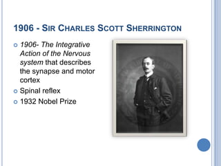 1906 - Sir Charles Scott Sherrington1906- The Integrative Action of the Nervous system that describes the synapse and motor cortexSpinal reflex 1932 Nobel Prize 
