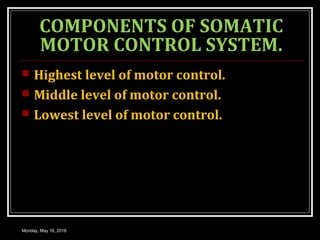 COMPONENTS OF SOMATIC
MOTOR CONTROL SYSTEM.
 Highest level of motor control.
 Middle level of motor control.
 Lowest level of motor control.
Monday, May 16, 2016
 