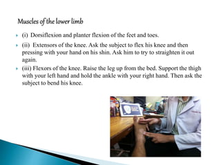 (i) Dorsiflexion and planter flexion of the feet and toes.
 (ii) Extensors of the knee. Ask the subject to flex his knee and then
pressing with your hand on his shin. Ask him to try to straighten it out
again.
 (iii) Flexors of the knee. Raise the leg up from the bed. Support the thigh
with your left hand and hold the ankle with your right hand. Then ask the
subject to bend his knee.
 
