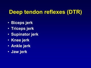 Deep tendon reflexes (DTR)
• Biceps jerk
• Triceps jerk
• Supinator jerk
• Knee jerk
• Ankle jerk
• Jaw jerk
 