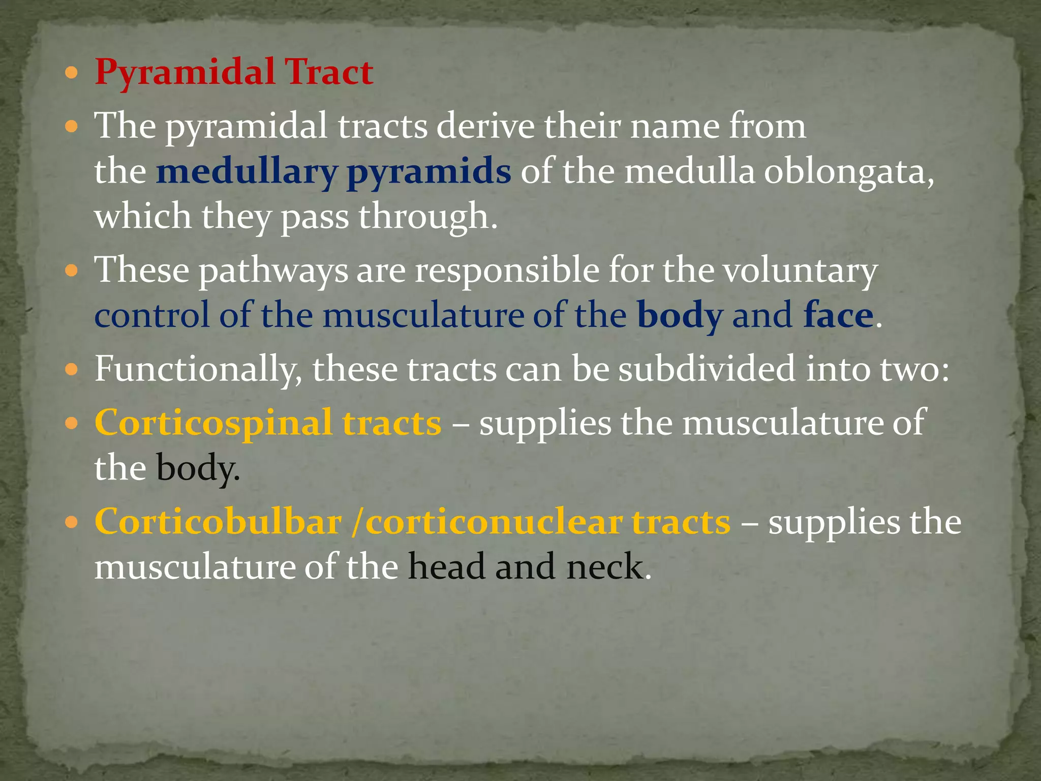  Pyramidal Tract
 The pyramidal tracts derive their name from
the medullary pyramids of the medulla oblongata,
which they pass through.
 These pathways are responsible for the voluntary
control of the musculature of the body and face.
 Functionally, these tracts can be subdivided into two:
 Corticospinal tracts – supplies the musculature of
the body.
 Corticobulbar /corticonuclear tracts – supplies the
musculature of the head and neck.
 
