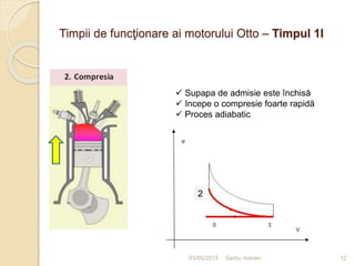 03/05/2015 Sarbu marian
Timpii de funcţionare ai motorului Otto – Timpul 1I
 Supapa de admisie este închisă
 Incepe o compresie foarte rapidă
 Proces adiabatic
2
12
 