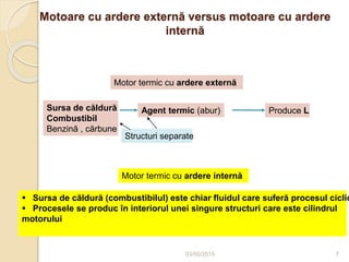 Motoare cu ardere externă versus motoare cu ardere
internă
03/05/2015 7
Motor termic cu ardere externă
Agent termic (abur)Sursa de căldură
Combustibil
Benzină , cărbune
Produce L
Motor termic cu ardere internă
Structuri separate
 Sursa de căldură (combustibilul) este chiar fluidul care suferă procesul ciclic
 Procesele se produc în interiorul unei singure structuri care este cilindrul
motorului
 
