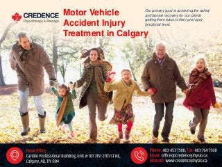 Motor Vehicle
Accident Injury
Treatment in Calgary
Our primary goal is achieving the safest
and fastest recovery for our clients
getting them back to their pre-injury
functional level.
 