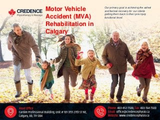 Motor Vehicle
Accident (MVA)
Rehabilitation in
Calgary
Our primary goal is achieving the safest
and fastest recovery for our clients
getting them back to their pre-injury
functional level.
 