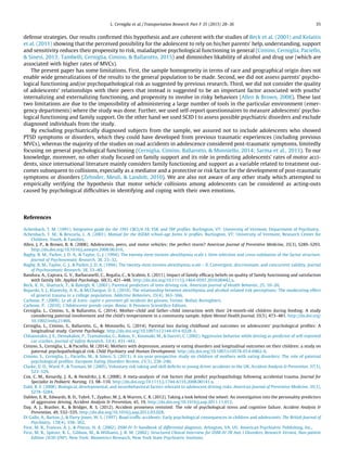 defense strategies. Our results conﬁrmed this hypothesis and are coherent with the studies of Beck et al. (2001) and Kolaitis
et al. (2011) showing that the perceived possibility for the adolescent to rely on his/her parents’ help, understanding, support
and sensitivity reduces their propensity to risk, maladaptive psychological functioning in general (Cimino, Cerniglia, Paciello,
& Sinesi, 2013; Tambelli, Cerniglia, Cimino, & Ballarotto, 2015) and diminishes likability of alcohol and drug use (which are
associated with higher rates of MVCs).
The present paper has some limitations. First, the sample homogeneity in terms of race and geographical origin does not
enable wide generalizations of the results to the general population to be made. Second, we did not assess parents’ psycho-
logical functioning and/or psychopathological risk as suggested by previous research. Third, we did not consider the quality
of adolescents’ relationships with their peers that instead is suggested to be an important factor associated with youths’
internalizing and externalizing functioning, and propensity to involve in risky behaviors (Allen & Brown, 2008). These last
two limitations are due to the impossibility of administering a large number of tools in the particular environment (emer-
gency departments) where the study was done. Further, we used self-report questionnaires to measure adolescents’ psycho-
logical functioning and family support. On the other hand we used SCID I to assess possible psychiatric disorders and exclude
diagnosed individuals from the study.
By excluding psychiatrically diagnosed subjects from the sample, we assured not to include adolescents who showed
PTSD symptoms or disorders, which they could have developed from previous traumatic experiences (including previous
MVCs), whereas the majority of the studies on road accidents in adolescence considered post-traumatic symptoms, limitedly
focusing on general psychological functioning (Cerniglia, Cimino, Ballarotto, & Monniello, 2014; Sarma et al., 2013). To our
knowledge, moreover, no other study focused on family support and its role in predicting adolescents’ rates of motor acci-
dents, since international literature mainly considers family functioning and support as a variable related to treatment out-
comes subsequent to collisions, especially as a mediator and a protective or risk factor for the development of post-traumatic
symptoms or disorders (Zehnder, Meuli, & Landolt, 2010). We are also not aware of any other study which attempted to
empirically verifying the hypothesis that motor vehicle collisions among adolescents can be considered as acting-outs
caused by psychological difﬁculties in identifying and coping with their own emotions.
References
Achenbach, T. M. (1991). Integrative guide for the 1991 CBCL/4-18, YSR, and TRF proﬁles. Burlington, VT: University of Vermont, Department of Psychiatry.
Achenbach, T. M., & Rescorla, L. A. (2001). Manual for the ASEBA school-age forms & proﬁles. Burlington, VT: University of Vermont, Research Center for
Children, Youth, & Families.
Allen, J. P., & Brown, B. B. (2008). Adolescents, peers, and motor vehicles: the perfect storm? American Journal of Preventive Medicine, 35(3), S289–S293.
http://dx.doi.org/10.1016/j.amepre.2008.06.016.
Bagby, R. M., Parker, J. D. A., & Taylor, G. J. (1994). The twenty-item toronto alexithymia scale I. Item selection and cross-validation of the factor structure.
Journal of Psychosomatic Research, 38, 23–32.
Bagby, R. M., Taylor, G. J., & Parker, J. D. A. (1994). The twenty-item toronto alexithymia scale – II. Convergent, discriminant, and concurrent validity. Journal
of Psychosomatic Research, 38, 33–40.
Bandura, A., Caprara, G. V., Barbaranelli, C., Regalia, C., & Scabini, E. (2011). Impact of family efﬁcacy beliefs on quality of family functioning and satisfaction
with family life. Applied Psychology, 60(3), 421–448. http://dx.doi.org/10.1111/j.1464-0597.2010.00442.x.
Beck, K. H., Shattuck, T., & Raleigh, R. (2001). Parental predictors of teen driving risk. American Journal of Health Behavior, 25, 10–20.
Bujarski, S. J., Klanecky, A. K., & McChargue, D. E. (2010). The relationship between alexithymia and alcohol-related risk perceptions: The moderating effect
of general trauma in a college population. Addictive Behaviors, 35(4), 363–366.
Carbone, P. (2009). Le ali di Icaro; capire e prevenire gli incidenti dei giovani. Torino: Bollati Boringhieri.
Carbone, P. (2010). L’Adolescente prende corpo. Roma: II Pensiero Scientiﬁco Editore.
Cerniglia, L., Cimino, S., & Ballarotto, G. (2014). Mother–child and father–child interaction with their 24-month-old children during feeding: A study
considering paternal involvement and the child’s temperament in a community sample. Infant Mental Health Journal, 35(5), 473–481. http://dx.doi.org/
10.1002/imhj.21466.
Cerniglia, L., Cimino, S., Ballarotto, G., & Monniello, G. (2014). Parental loss during childhood and outcomes on adolescents’ psychological proﬁles: A
longitudinal study. Current Psychology. http://dx.doi.org/10.1007/s12144-014-9228-3.
Chliaoutakis, J. E., Demakakos, P., Tzamalouka, G., Bakou, V., Koumaki, M., & Darviri, C. (2002). Aggressive behavior while driving as predictor of self-reported
car crashes. Journal of Safety Research, 33(4), 431–443.
Cimino, S., Cerniglia, L., & Paciello, M. (2014). Mothers with depression, anxiety or eating disorders and longitudinal outcomes on their children: a study on
paternal psychopathological risk. Child Psychiatry and Human Development. http://dx.doi.org/10.1007/s10578-014-0462-6.
Cimino, S., Cerniglia, L., Paciello, M., & Sinesi, S. (2013). A six-year prospective study on children of mothers with eating disorders: The role of paternal
psychological proﬁles. European Eating Disorders Review, 21(3), 238–246.
Clarke, D. D., Ward, P., & Truman, W. (2005). Voluntary risk taking and skill deﬁcits in young driver accidents in the UK. Accident Analysis & Prevention, 37(3),
523–529.
Cox, C. M., Kenardy, J. A., & Hendrikz, J. K. (2008). A meta-analysis of risk factors that predict psychopathology following accidental trauma. Journal for
Specialist in Pediatric Nursing, 13, 98–110. http://dx.doi.org/10.1111/j.1744-6155.2008.00141.x.
Dahl, R. E. (2008). Biological, developmental, and neurobehavioral factors relevant to adolescent driving risks. American Journal of Preventive Medicine, 35(3),
S278–S284.
Dahlen, E. R., Edwards, B. D., Tubrè, T., Zyphur, M. J., & Warren, C. R. (2012). Taking a look behind the wheel: An investigation into the personality predictors
of aggressive driving. Accident Analysis & Prevention, 45, 19. http://dx.doi.org/10.1016/j.aap.2011.11.012.
Day, A. J., Brasher, K., & Bridger, R. S. (2012). Accident proneness revisited: The role of psychological stress and cognitive failure. Accident Analysis &
Prevention, 49, 532–535. http://dx.doi.org/10.1016/j.aap.2012.03.028.
Di Gallo, A., Barton, J., & Parry-Jones, W. L. (1997). Road trafﬁc accidents: Early psychological consequences in children and adolescents. The British Journal of
Psychiatry, 170(4), 358–362.
First, M. B., Frances, A. J., & Pincus, H. A. (2002). DSM-IV-Tr handbook of differential diagnosis. Arlington, VA, US: American Psychiatric Publishing, Inc..
First, M. B., Spitzer, R. L., Gibbon, M., & Williams, J. B. W. (2002). Structured Clinical Interview for DSM-IV-TR Axis I Disorders, Research Version, Non-patient
Edition (SCID-I/NP). New York: Biometrics Research, New York State Psychiatric Institute.
L. Cerniglia et al. / Transportation Research Part F 35 (2015) 28–36 35
 