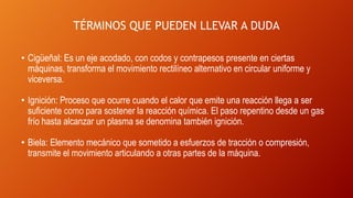 TÉRMINOS QUE PUEDEN LLEVAR A DUDA
• Cigüeñal: Es un eje acodado, con codos y contrapesos presente en ciertas
máquinas, transforma el movimiento rectilíneo alternativo en circular uniforme y
viceversa.
• Ignición: Proceso que ocurre cuando el calor que emite una reacción llega a ser
suficiente como para sostener la reacción química. El paso repentino desde un gas
frío hasta alcanzar un plasma se denomina también ignición.
• Biela: Elemento mecánico que sometido a esfuerzos de tracción o compresión,
transmite el movimiento articulando a otras partes de la máquina.
 