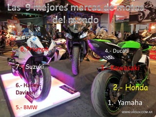 9.- Aprilia
8.Triumph
7.- Suzuki
5.- BMW
4.- Ducati
3.- Kawasaki
2.- Honda
1.- Yamaha
 