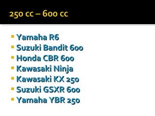 Yamaha  R6 Suzuki  Bandit 600 Honda  CBR 600 Kawasaki   Ninja   Kawasaki  KX 250 Suzuki  GSXR 600 Yamaha  YBR 250 