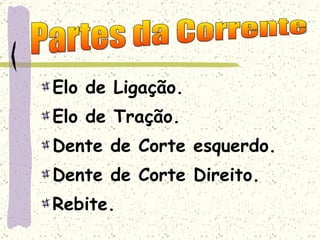 Elo de Ligação. Elo de Tração. Dente de Corte esquerdo. Dente de Corte Direito. Rebite. Partes da Corrente 