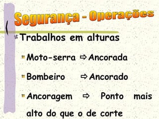 Trabalhos em alturas Moto-serra   Ancorada Bombeiro   Ancorado Ancoragem    Ponto mais alto do que o de corte Segurança - Operações 