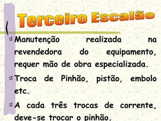 Manutenção realizada na revendedora do equipamento, requer mão de obra especializada. Troca de Pinhão, pistão, embolo etc. A cada três trocas de corrente, deve-se trocar o pinhão. Terceiro Escalão 