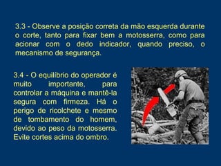 3.4 - O equilíbrio do operador é
muito importante, para
controlar a máquina e mantê-la
segura com firmeza. Há o
perigo de ricolchete e mesmo
de tombamento do homem,
devido ao peso da motosserra.
Evite cortes acima do ombro.
3.3 - Observe a posição correta da mão esquerda durante
o corte, tanto para fixar bem a motosserra, como para
acionar com o dedo indicador, quando preciso, o
mecanismo de segurança.
 