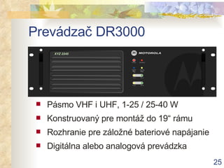 Prevádzač DR3000 Pásmo VHF i UHF, 1-25 / 25-40 W Konstruovaný pre montáž do 19“ rámu Rozhranie pre záložné bateriové napájanie Digitálna alebo analogová prevádzka 