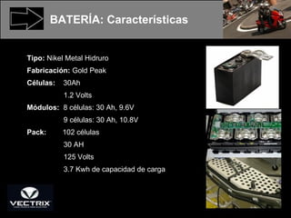 BATERÍA: Características Tipo:  Nikel Metal Hidruro Fabricación:  Gold Peak Células:  30Ah  1.2 Volts Módulos:  8 células: 30 Ah, 9.6V 9 células: 30 Ah, 10.8V Pack:  102 células 30 AH 125 Volts 3.7 Kwh de capacidad de carga 