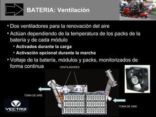 BATERIA: Ventilación Dos ventiladores para la renovación del aire Actúan dependiendo de la temperatura de los packs de la batería y de cada módulo Activados durante la carga Activación opcional durante la marcha Voltaje de la batería, módulos y packs, monitorizados de forma continua TOMA DE AIRE TOMA DE AIRE VENTILADORES 