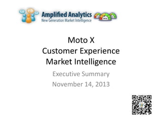 Moto X Customer Experience Market Intelligence
Executive Score card - November 14, 2013

Based on opinion mining of 8,343 customer reviews published on popular US website before the date of the
report. We estimate these opinions resonate with 4,172K customers of these handsets.
Competition includes Apple iPhone 5S, Blackberry Z10, HTC One, Nokia Lumia 1020.

Moto X Leads Competition:
Lead
by

Resonance with
customers

Expectations
met

16%
21%

7 (out of 10)
6 (out of 10)

149K
84K

100%
100%

Parity

Relevance to
customers

Resonance with
customers

Expectations
met

1%
0%

10 (out of 10)
8(out of 10)

413K
275K

100%
100%

Trail
by

Battery Experience
Customer Support

Relevance to
customers

Relevance to
customers

Resonance with
customers

Expectations
met

1%
0%

7 (out of 10)
6 (out of 10)

198K
111K

100%
100%

Moto X at Par with Competition:

Reliability
Usability
Moto X Trail Competition:

Picture Quality
Video Quality

Moto X Unmet Customer Needs:
Disappointment
margin

Keyboard Experience

©Amplified Analytics Inc.

Relevance to
customers

Resonance with
customers

Expectations
met

- 14%

5 (out of 10)

33K

67%

206 Water Street, Pt. Richmond, CA 94801

 