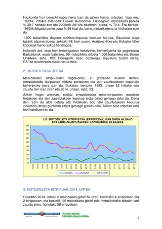 3
Hazkunde hori bereziki nabarmena izan da azken hamar urteotan. Izan ere,
1993tik 2004ra bitartean Euskal Autonomia Erkidegoko motozikleta-parkea
% 39,7 handitu zen eta 2005etik 2014ra bitartean, ordea, % 79,4. Era berean,
1993tik ibilgailu-parke osoa % 55 hazi da, baina motozikletena ia hirukoiztu egin
da.
1.000 biztanleko dagoen bizikleta-kopurua kontuan hartuta, Gipuzkoa dugu
tasarik altuena duena, zehazki 74; hain zuzen, Arabako 44ko eta Bizkaiko 42ko
kopuruak baino askoz handiagoa.
Nolanahi ere, tasa hori testuinguruan kokatzeko, komenigarria da gogoratzea
Bartzelonak, esate baterako, 99 motozikleta dituela 1.000 biztanleko eta Balear
Uharteek, aldiz, 102. Horregatik, esan dezakegu, Gipuzkoa bazter utzita,
EAEko motorizazio-maila baxua dela.
2. ISTRIPU-TASA. JOERA
Motozikleten istripu-tasari dagokionez, 2. grafikoan ikusten denez,
errepideetako istripuetan hildako pertsonen eta larri zauritutakoen kopuruak
beheranzko joera izan du. Bizkaian, bereziki, 1993. urtean 82 hildako edo
zauritu larri izan ziren eta 2014. urtean, aldiz, 23.
Azken hogei urteotan, euskal errepideetako moto-istripuetan izandako
hildakoen eta larri zauritutakoen kopurua erdia baino gehiago jaitsi da. Dena
den, ezin da alde batera utzi hildakoen edo larri zauritutakoen kopurua
zirkulazio-istripu guztietan askoz gehiago gutxitu dela. Azken bost urteotan alde
hori handitzen ari da.
3. MOTOZIKLETA-ISTRIPUAK. 2014. URTEA
Euskadin 2014. urtean 6 motozikleta-gidari hil ziren, horietako 4 errepidean eta
2 hirigunean; eta bestetik, 95 motozikleta-gidari edo motozikletako bidaiari larri
zauritu ziren, horietako 58 errepidean.
 