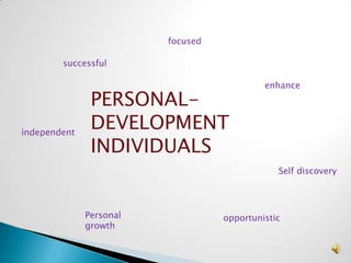 focused

        successful

                                            enhance
               PERSONAL-
independent
               DEVELOPMENT
               INDIVIDUALS
                                               Self discovery




              Personal             opportunistic
              growth
 