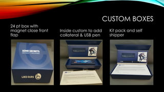 CUSTOM BOXES
24 pt box with
magnet close front
flap
Inside custom to add
collateral & USB pen
Kit pack and self
shipper
 