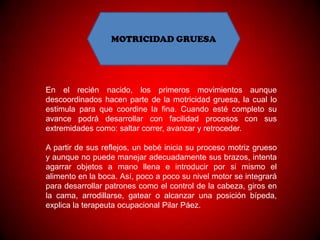 MOTRICIDAD GRUESA




En el recién nacido, los primeros movimientos aunque
descoordinados hacen parte de la motricidad gruesa, la cual lo
estimula para que coordine la fina. Cuando esté completo su
avance podrá desarrollar con facilidad procesos con sus
extremidades como: saltar correr, avanzar y retroceder.

A partir de sus reflejos, un bebé inicia su proceso motriz grueso
y aunque no puede manejar adecuadamente sus brazos, intenta
agarrar objetos a mano llena e introducir por si mismo el
alimento en la boca. Así, poco a poco su nivel motor se integrará
para desarrollar patrones como el control de la cabeza, giros en
la cama, arrodillarse, gatear o alcanzar una posición bípeda,
explica la terapeuta ocupacional Pilar Páez.
 
