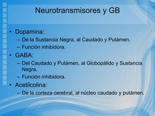 Neurotransmisores y GB
• Dopamina:
– De la Sustancia Negra, al Caudado y Putámen.
– Función inhibidora.
• GABA:
– Del Caudado y Putámen, al Globopálido y Sustancia
Negra.
– Función inhibidora.
• Acetilcolina:
– De la corteza cerebral, al núcleo caudado y putámen.
 